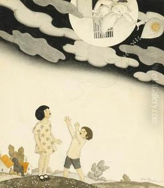 Two Children Looking Up At Their
 Lost Kite As An Old Man Reaches From The Moon To Grab It Oil Painting by Edmund Dulac