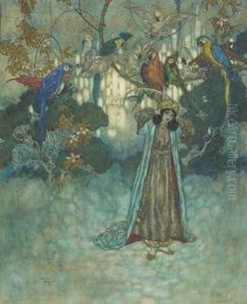Beauty Discovers A Room In The Castle Which Is Full Of Screaming Parrots Oil Painting by Edmund Dulac
