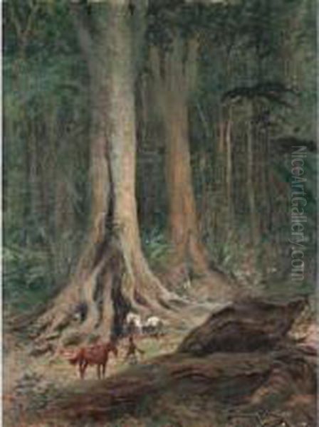 Indigenes Et Leurs Chevaux Dans 
Une Foret Tropicale, Madagascar Huile Sur Toile Signe En Bas A Droite. 
 73 X 54 Cm Oil Painting by Louis Dumoulin