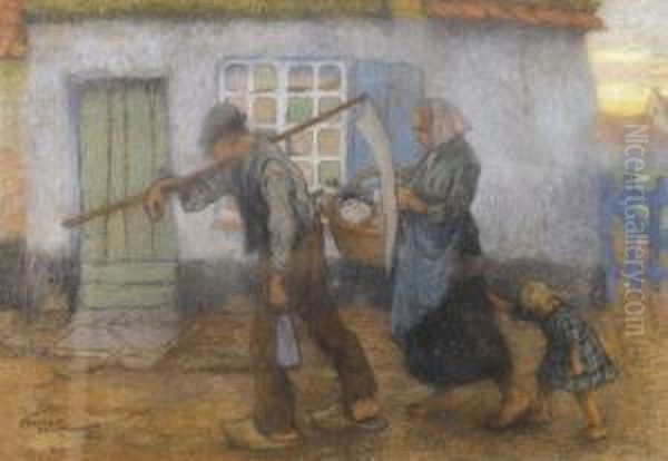 Bauernfamilie Vor Gehoft Oil Painting by Romeo Dumoulin