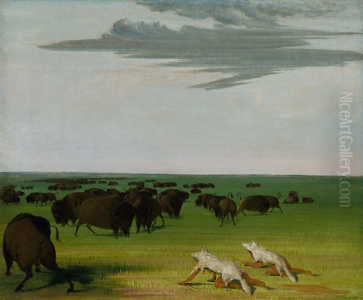 Buffalo Hunt under the Wolf-skin Mask Oil Painting by George Catlin