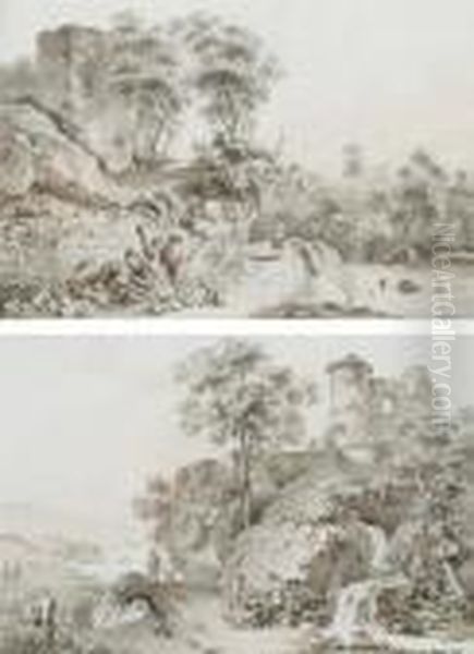 Musiciens Sur Un Chemin Dans Un 
Paysage Rocheux; Et Une Famille Senourissant Au Bord D'un Chemin, Un 
Chateau En Ruines Sur Unpromontoire Rocheux A L'arriere-plan Oil Painting by Balthasar Anton Dunker