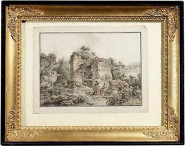Anelegant Party Seeking Amusement At A Ruin Oil Painting by Balthasar Anton Dunker