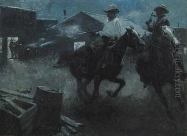 Story Illustration: Two Cowboys On Horseback Shooting Their Way Out Of Town. Oil Painting by Harvey T. Dunn