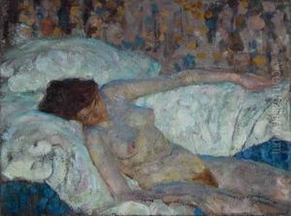 Painting: Reclining Nude Looking Down, Floral Curtain. Oil Painting by Harvey T. Dunn