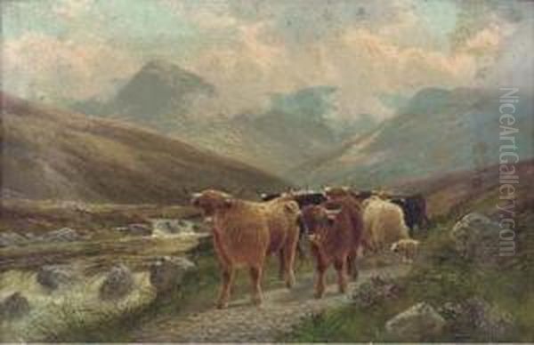Highland Cattle By The Beauly River, Invernesshire; And Highlandcattle Near Dunkelt Oil Painting by Albert Dunnington
