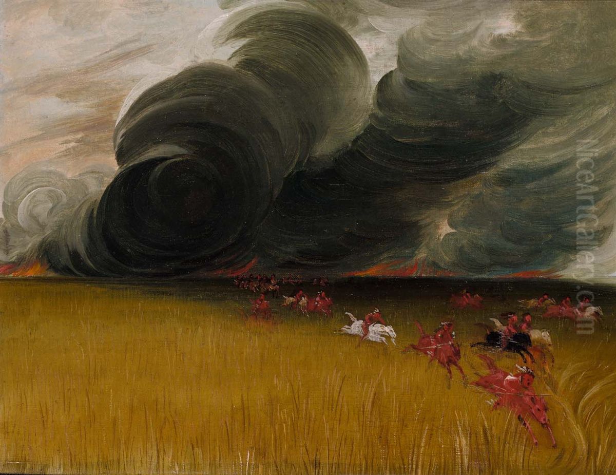 Prairie Meadows Burning Oil Painting by George Catlin