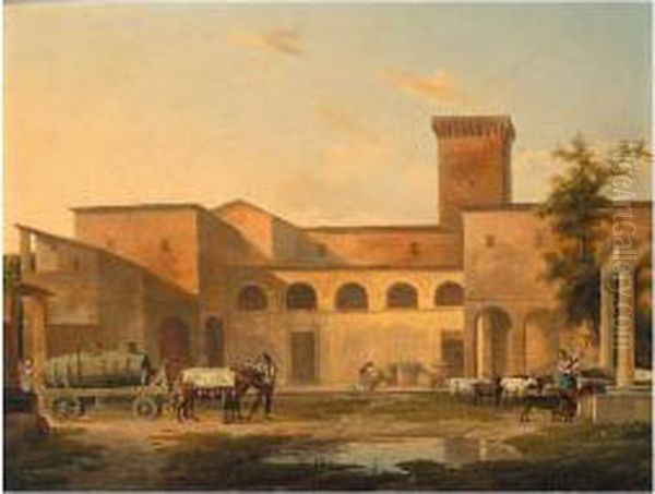 The Courtyard Of A Monastery 
With A Woman Drawing Water From A Well And A Barrel Loaded On A Wagon 
Drawn By Oxen Oil Painting by Alexandre-Hyacinthe Dunouy