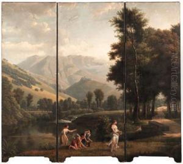 An Arcadian Landscape With 
Maidens Gathering Flowers By A Riverbank, A Hilltop Castle Beyond Oil Painting by Alexandre-Hyacinthe Dunouy