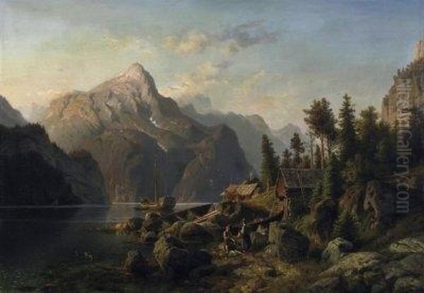 Summer In The Fjord. Fishermen 
In Front Of Their Wooden Cottages By The Water. Signed And Dated Lower 
Left: J. Duntze 1867 Oil Painting by Johannes-Bertholomaus Dutntze