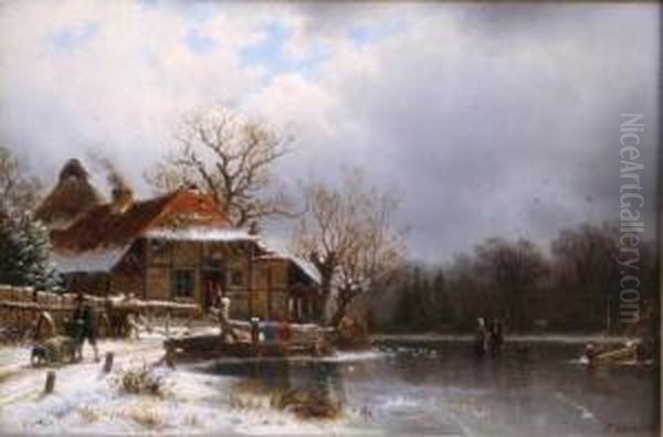 German Oil On Wooden Panel 
Winter Landscape With Cottage And Figures On The Ice Signed And Dated 
1876 10 X 15in Oil Painting by Johannes-Bertholomaus Dutntze