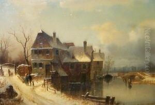 Winterlandschaft. Zugefrorener 
Wasserlauf Mit Schlittschuhlaufern. Unten Rechts Monogrammiert Und 
Datiert J.d. 1863 Oil Painting by Johannes-Bertholomaus Dutntze