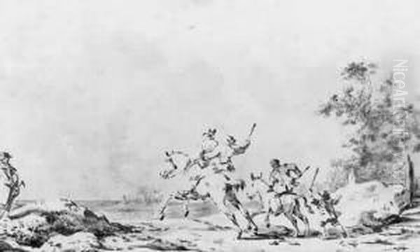 Course Entre Un Ane Monte Et Un Cheval Monte Par Deux
 Cavaliers Oil Painting by Jean Duplessi-Bertaux