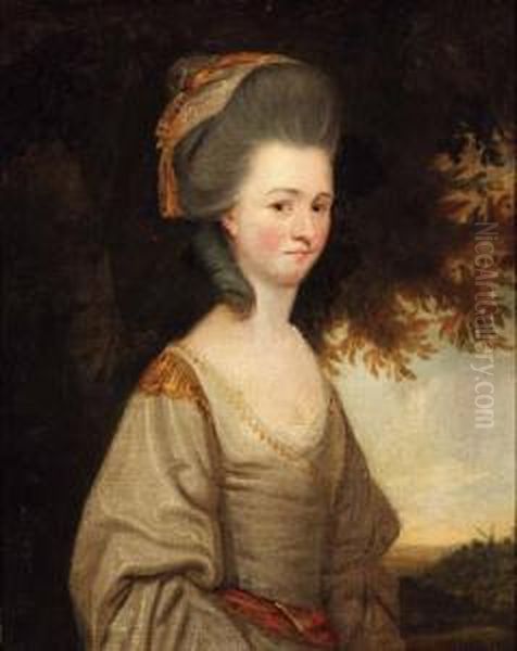 Portrait Of A Lady, Small 
Half-length, In A White Dress With Goldtrim, In A Landscape; And 
Portrait Of A Gentleman, Smallhalf-length, In A Green Coat And Yellow 
Waistcoat, In Alandscape Oil Painting by Dupont Gainsborough