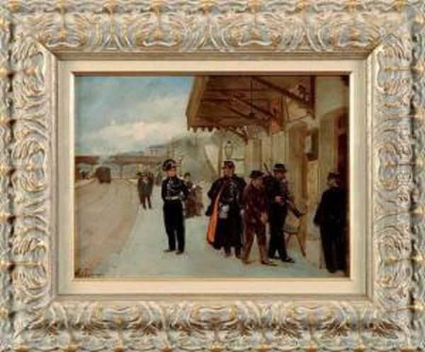 prisonnier Emmene Par Les Gendarmes Sur Le Quai D'une Gare Oil Painting by Henri-Louis Dupray