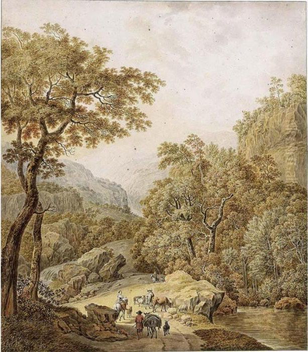 An Extensive Mountainous 
Landscape With Waterfalls And Peasants With Their Flocks On A Path, 
After Jan Hackert Oil Painting by Daniel Dupre