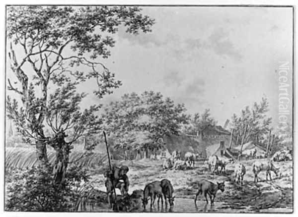 A Herdsman watering his Cattle near a Farm Oil Painting by Jacob Cats