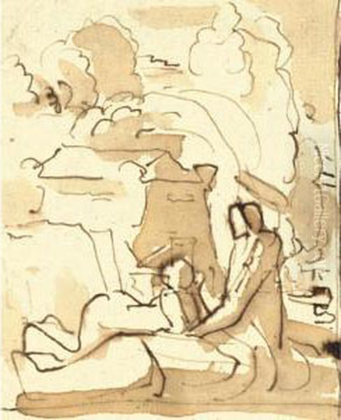 Tre Pagine Di Un Album: Un 
Paesaggio Con Un Edificio Classico E Due Figure; Studio Di Due Figure 
Femminili; Studio Di Madonna Oil Painting by Fortunato Duranti