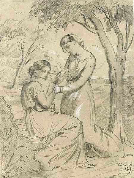 Two women, one sitting and holding a child, the other standing under a tree Oil Painting by Theodore Chasseriau
