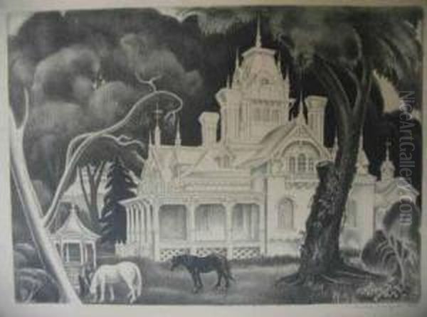 Old American Mansion Oil Painting by Mabel Dwight