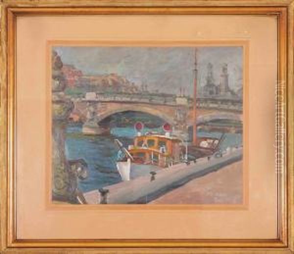 Barki Na Sekwanie, 1935 R. Oil Painting by Kazimierz Dzielinski