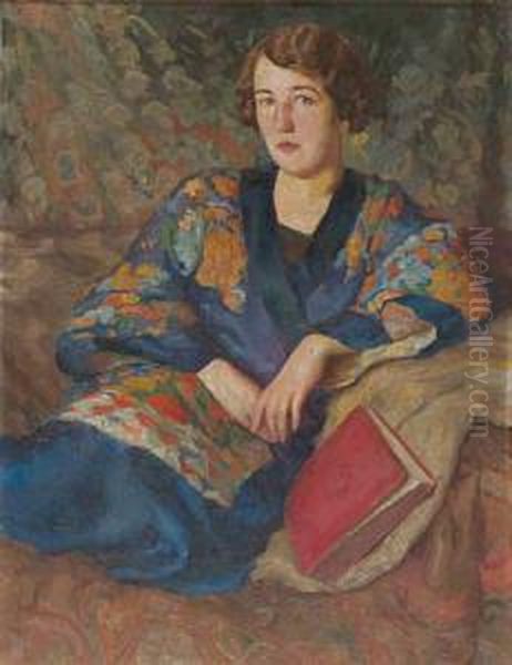 U Siebie (portret Kobiety Z Ksiazka) Oil Painting by Kazimierz Dzielinski