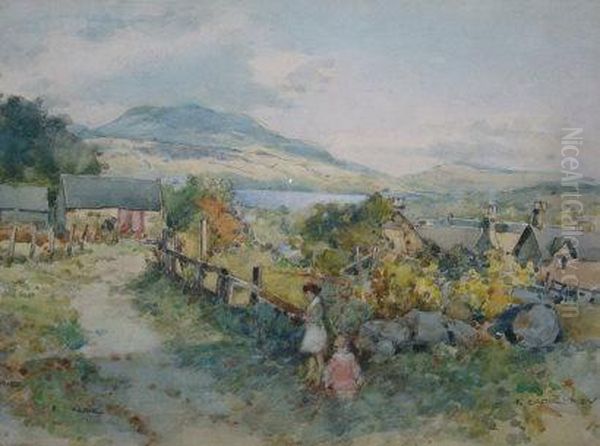 Children And Cottages Before A Loch Oil Painting by Robert Eadie