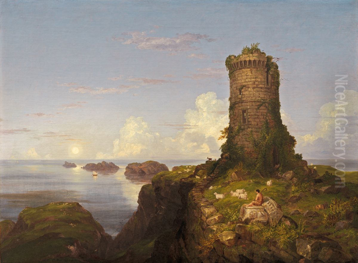 Italian Coast Scene with Ruined Tower Oil Painting by Thomas Cole