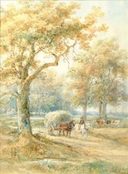 Snr. A Wooded Landscapewith A 
Hay Cart Passing Cattle With A Town In Thedisctancewatercolour And 
Bodycolour Oil Painting by Henry Earp