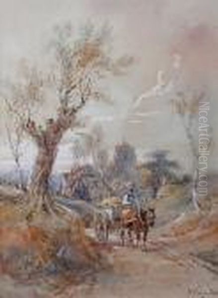 Figure Driving A Horse And Cart 
On A Country Lane, A Church In The Mid Distance, Signed Lower Right Oil Painting by Henry Earp