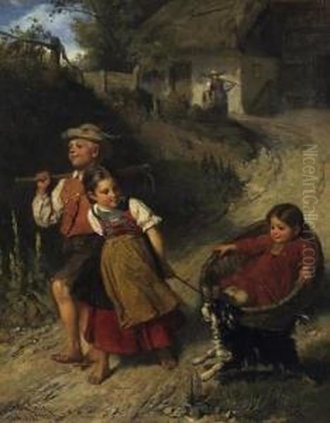 Playing Farmers' Children On 
Their Way Into The Fields. Signed And Dated Lower Left: Adolf Eberle 
Munchen 1871 Oil Painting by Adolf Eberle