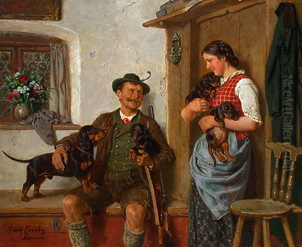 Die Dackelfamilie Mit Jager Und Magd Oil Painting by Adolf Eberle