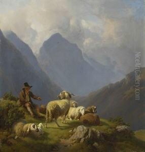 Rastender Hirtenknabe Mit Ruhenden Schafen In Gebirgslandschaft. Oil Painting by Robert Eberle
