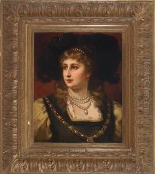 Portrait Einer Jungen 
Blondgelockten Dame Im Historischen Kostum Vor Rotlichem Hintergrund Oil Painting by Anton Ebert