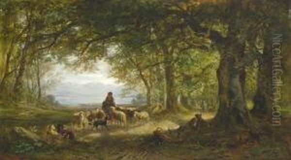Waldlandschaft Mit Hirtin Und
 Schafherde. Oil Painting by Carl Ebert