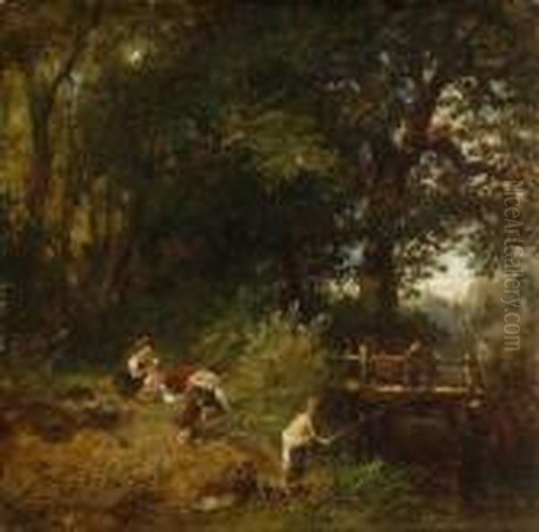 Waldlandschaft Mit Kindern Beim
 Angeln. Oil Painting by Carl Ebert