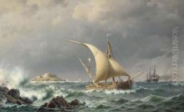 Latvian Coastal Craft And A 
Paddle Steamer In The Bay Of Riga, Witha Fortified Island Beyond Oil Painting by Christian Eckardt