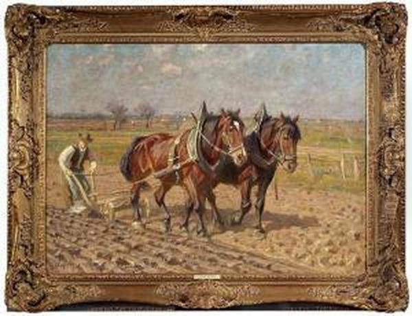 Two Ploughing Horses In Swabian 
Landscape. Oil/canvas, Signed. Cf. Schnerring, Walter, Der Maler 
Friedrich Eckenfelder, Stuttgart 1984, S. 221, No. E 21 With 
Illustration Oil Painting by Friedrich Eckenfelder
