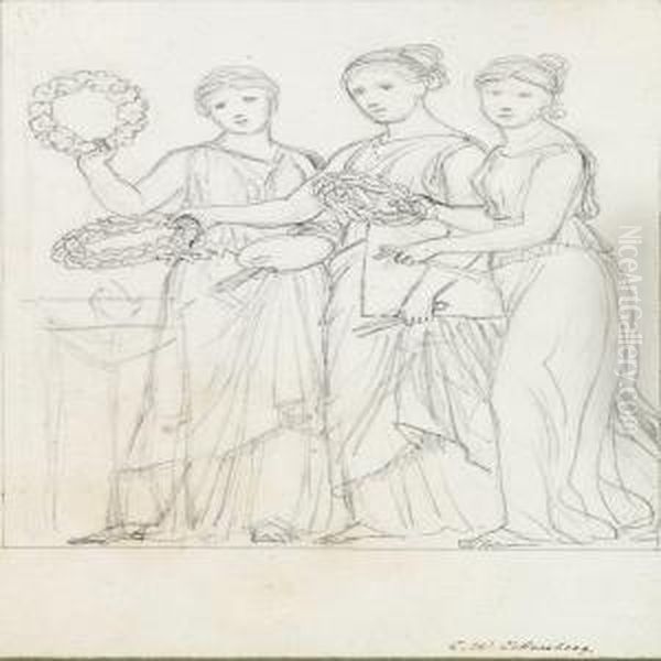 Three Women In Classic Dresses 
Symbolizing The Three Artforms At The Academy Of Fine Arts Oil Painting by Christoffer Wilhelm Eckersberg