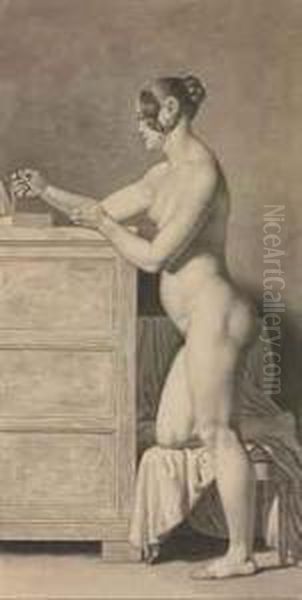 A Female Nude, Kneeling On A Chair, Admiring A Pearl Necklace Oil Painting by Christoffer Wilhelm Eckersberg