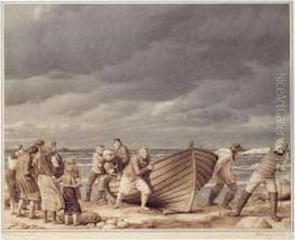 Fiskerne Fra Hornbak Redder 
Kaptajnen Fra Et Strandet Skib (the Hornbak Fishers Save The Captain 
From A Stranded Ship) Oil Painting by Christoffer Wilhelm Eckersberg