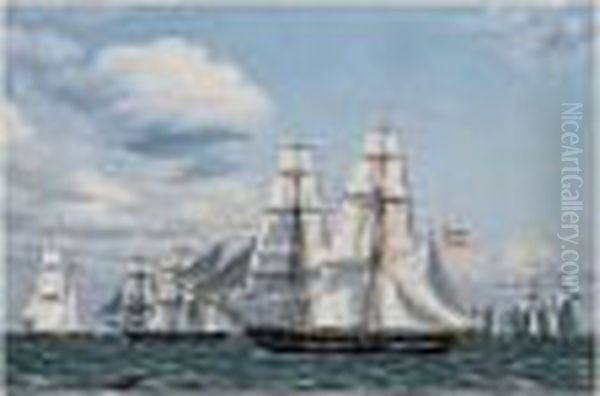 Adskillige Kobmandsskibe Som 
Krydser Med Alle Sejl, Fortil En Dansk Orlogsbrig (merchant Ships 
Crossing In Full Sail, A Danish Vessel In Front) Oil Painting by Christoffer Wilhelm Eckersberg