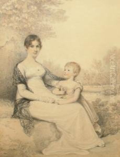 Portrait Of A Lady, 
Traditionally Held To Be Mrs Whalley And Her Daughter, Seated 
Full-length With A Landscape Beyond Oil Painting by Henry Edridge