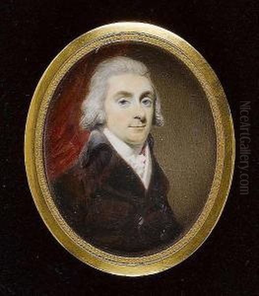 A Gentleman, Wearing Brown Coat,
 White Waistcoat, Frilled Chemise, Stock And Red Solitaire. Oil Painting by Henry Edridge