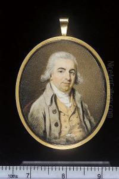 A Gentleman, Seated On An 
Upholstered Chair, Wearing Pale Green Coat, His Hand Tucked Inside His 
Ochre-coloured Waistcoat, His Hair Powdered And Worn Oil Painting by Henry Edridge