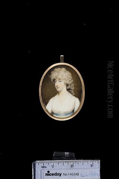 A Pair Of Portraits Of Husband 
And Wife; He Wears Blue Coat, Red-lined White Waistcoat And White Stock,
 His Hair Powdered; She Wears White Dress With Blue Waistband, Her Hair 
Curled And Powdered Oil Painting by Henry Edridge