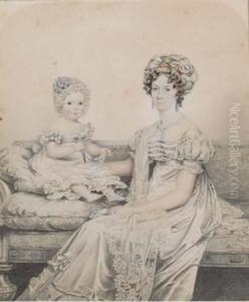 Portrait Of A Mother And Child, 
Said To Be Rebe Lowndes And Rebe Mary Lowndes, Seated On A Regency Sofa,
 The Child Holding A Rattle Oil Painting by Henry Edridge