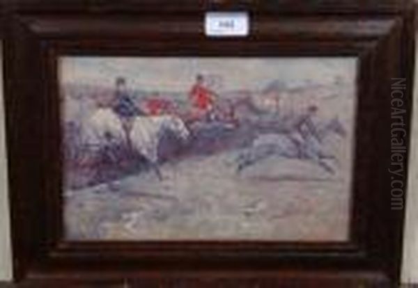 Scene Of An Early 20thc Hunt At 
Gallop Including A Lady Riding Sidesaddle Jumping A Fence On A Grey. Oil Painting by Lionel Louis Edwards