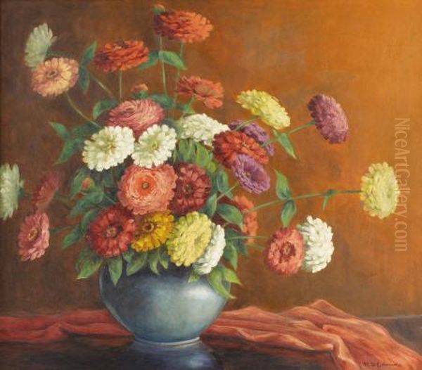 Untitled Still Life With Zinnias Oil Painting by Mary Edwards