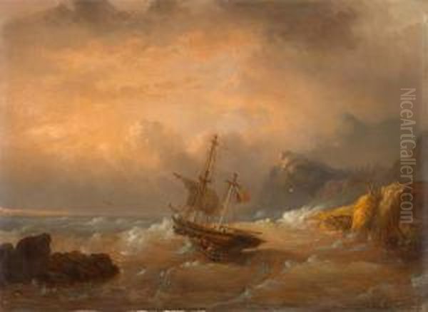 Kuste Mit Sturmischer See Und Schiffbruchigen Oil Painting by Egidius Linnig